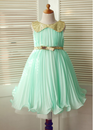 Peter Pan Gold Sequin Collar Mint Green Pleated Chiffon Flower Girl Dress